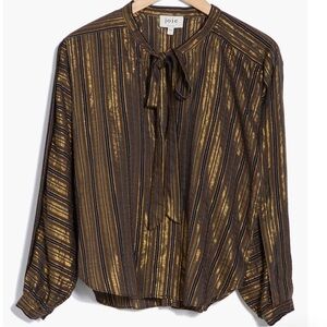 NWT Joie XL Top Brown Gold Metallic Striped Blouse Multicolor Neck Tie L/S